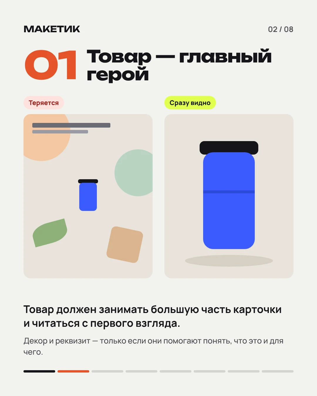 Сравнение двух карточек термокружки: маленький товар теряется среди декора, а крупный хорошо виден на спокойном фоне.