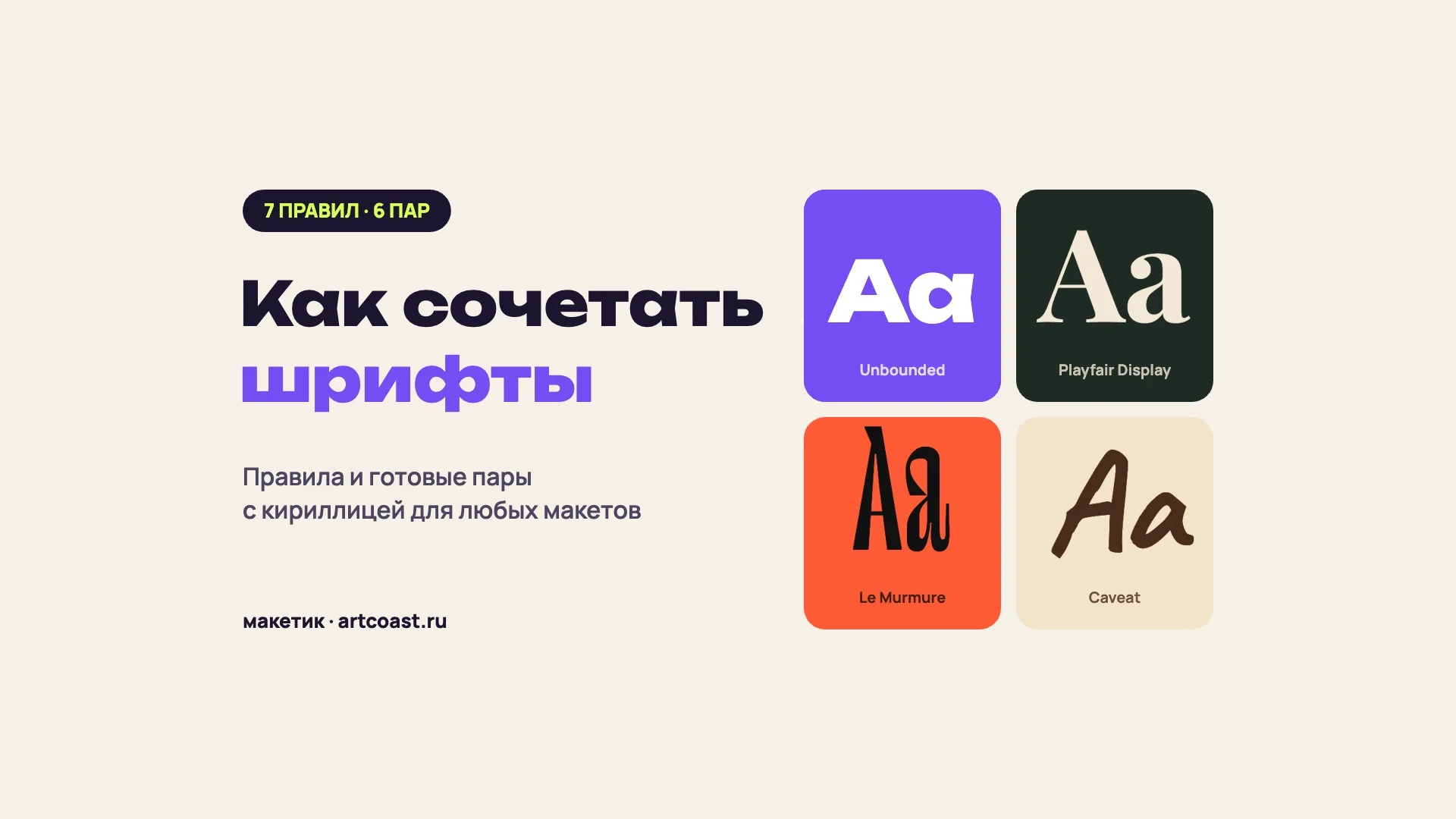 Обложка статьи: надпись «Как сочетать шрифты» и четыре плитки с буквами «Аа», набранными шрифтами Unbounded, Playfair Display, Le Murmure и Caveat