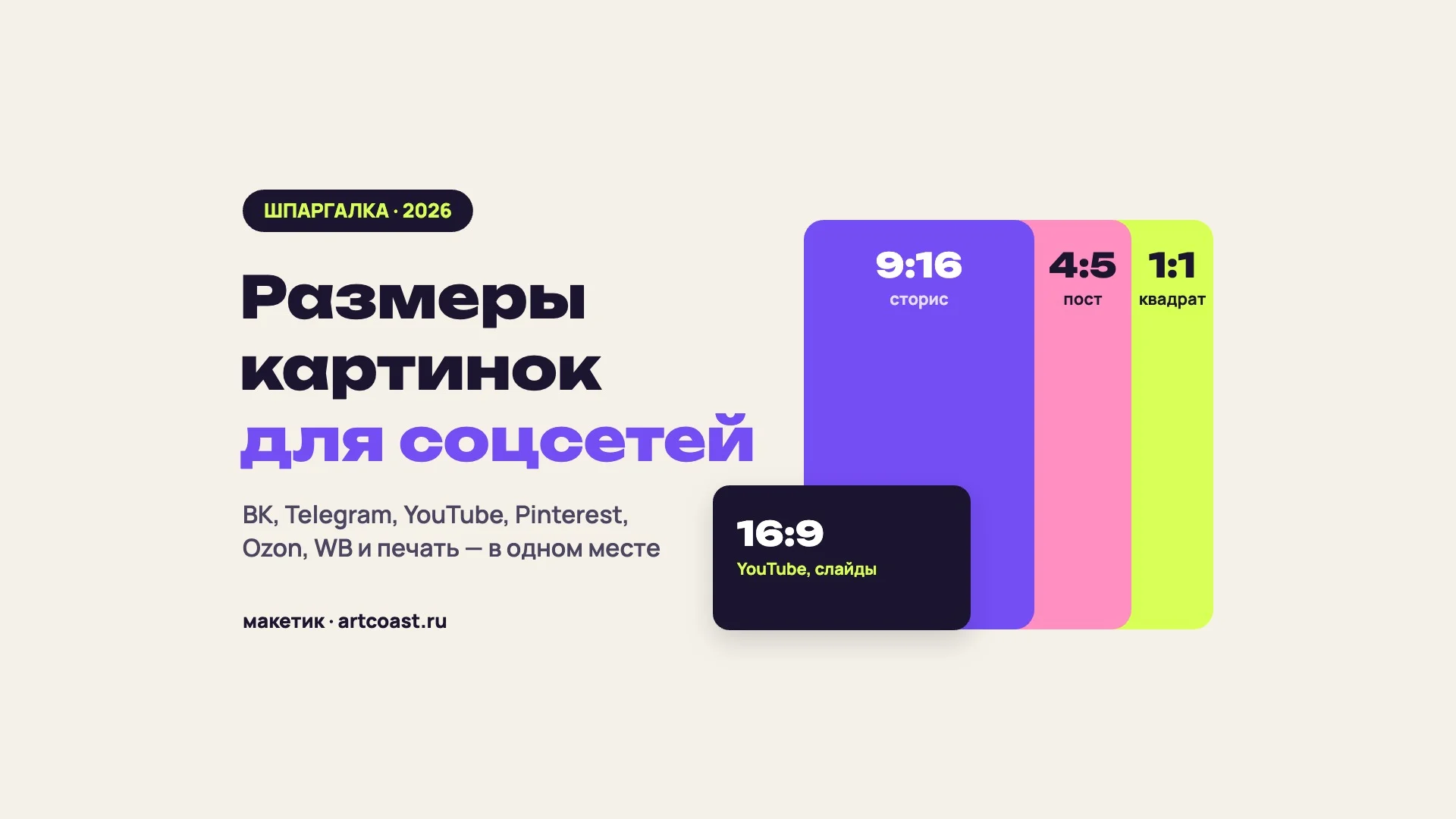 Обложка статьи: надпись «Размеры картинок для соцсетей» и цветные прямоугольники пропорций 9:16, 4:5, 1:1 и 16:9