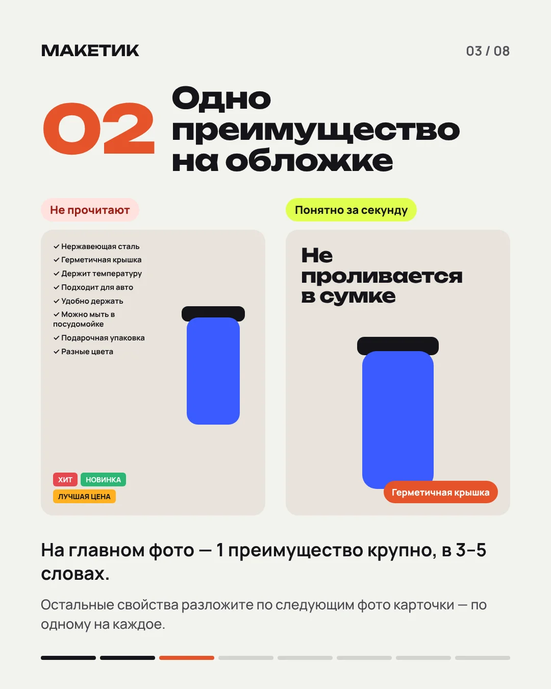 Сравнение перегруженной обложки со списком свойств и карточки с одной крупной фразой «Не проливается в сумке».